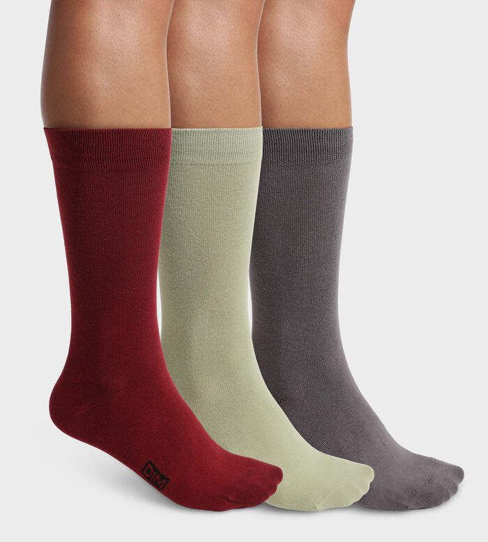 Pack de 3 pares de calcetines de hombre de algodón en Gris Rojo y Menta Dim Coton, , DIM