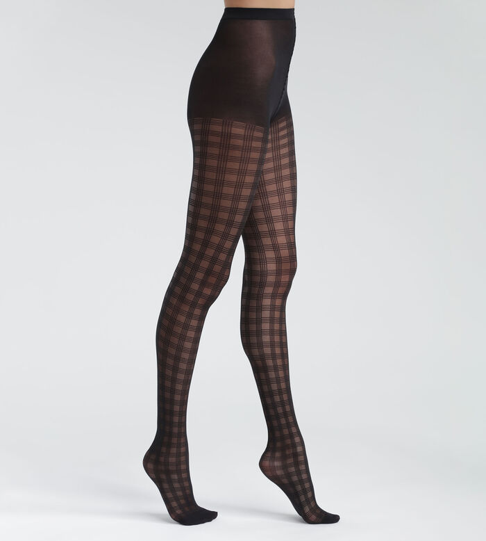 Black XL semi-opaque check patterned tights Dim Style, , DIM