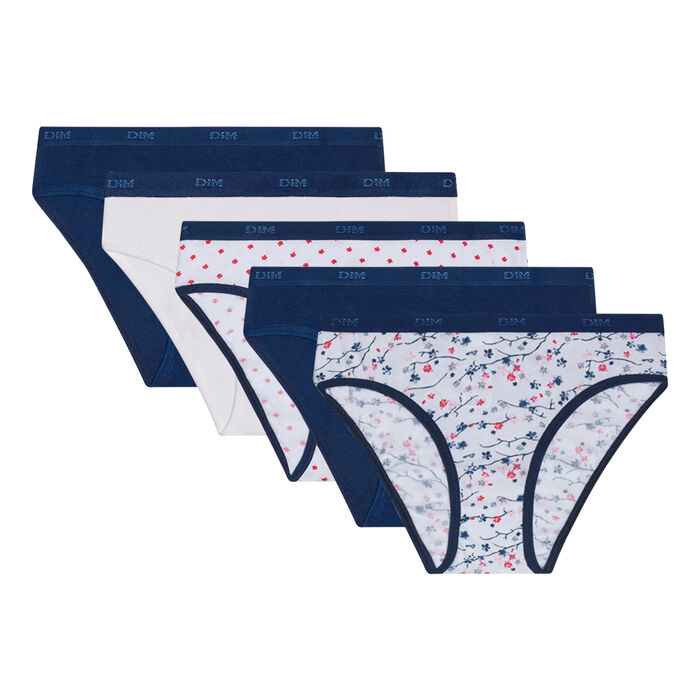 Les Pockets Pack of 5 blue and white stretch cotton knickers with a floral pattern, , DIM