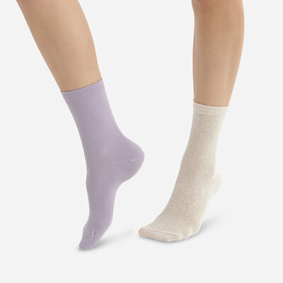 Pack of 2 pairs of women's beige lavender basic cotton socks, , DIM