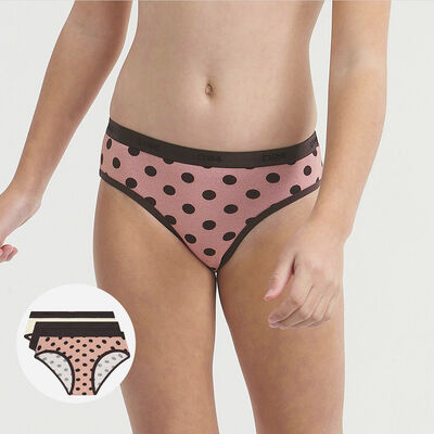 Pack of 3 stretch cotton knickers with polka dot pattern Brown Pink Les Pockets, , DIM