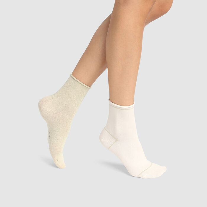 Cotton Style pack of 2 pairs of ankle socks in ivory cotton and gold lurex , , DIM
