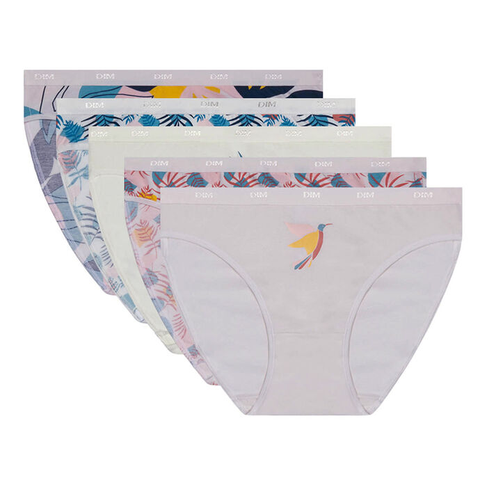Les Pockets Pack of 5 women's stretch cotton briefs with tropical pattern Ivory, , DIM