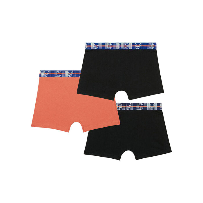 EcoDim Pack of 3 orange boy's stretch cotton boxers with contrasting waistband, , DIM