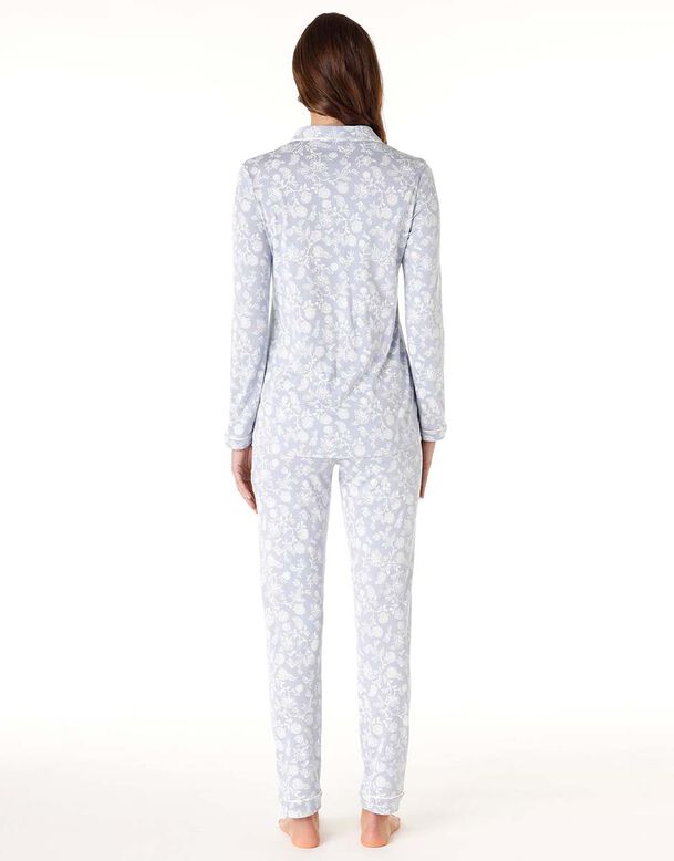 Women's powder blue long cotton modal pyjamas, , DIM
