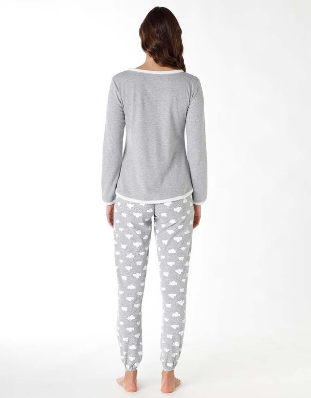 Pijama largo de mujer de algodón interlock, gris melange con estampado, , DIM