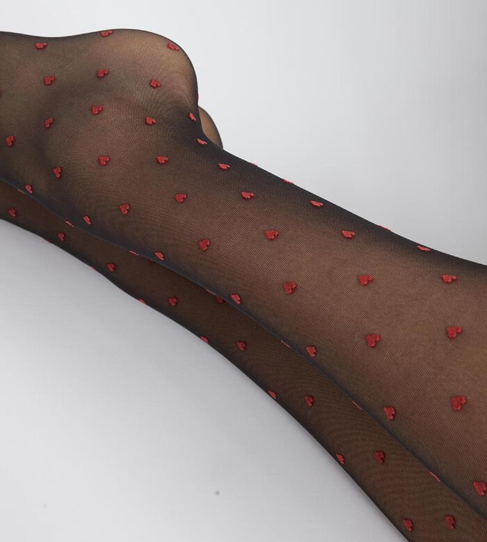 Schwarze transparente Strumpfhose 19D mit roten Herzchen - DIM Style, , DIM