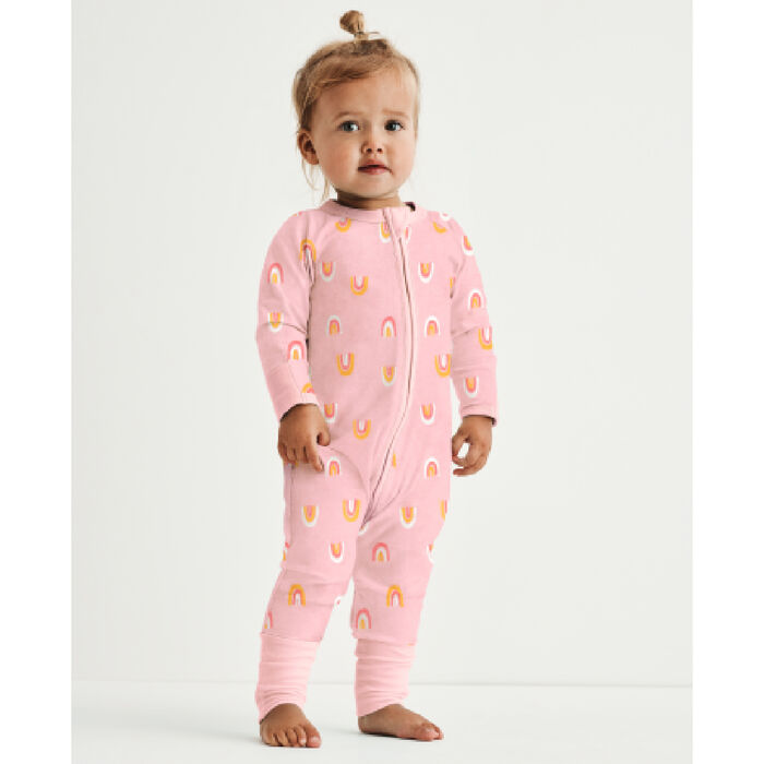 Rosaner Baby-Pyjama mit Reißverschluss und Regenbogen-Druck aus Stretch-Baumwolle, , DIM
