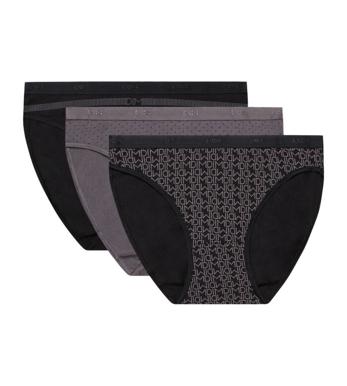 Pack of 3 pairs of Les Pockets Coton bikini knickers in black, , DIM