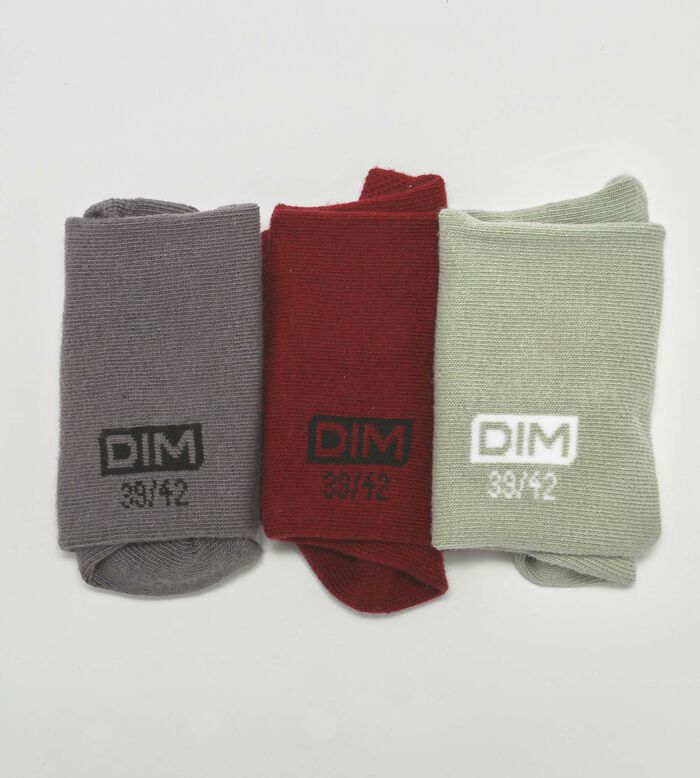 Pack de 3 pares de calcetines de hombre Gris, Rojo y Verde claro Dim Coton, , DIM