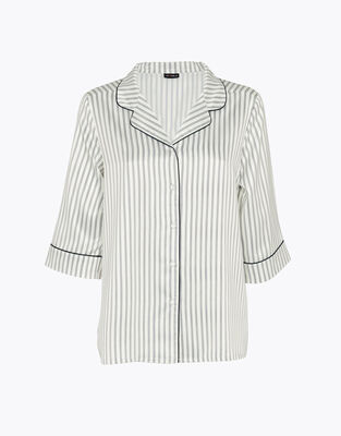 Pyjama shirt with ¾ sleeves in satin, striped black and white, , DIM