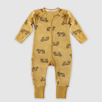 Sonnengelber Baby-Pyjama aus Velours mit Reißverschluss und Tiger-Print - DIM ZIPPY®. , , DIM