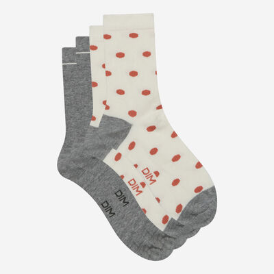 Pack of 2 pairs of women's ivory cotton style polka-dot socks, , DIM