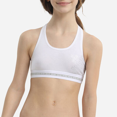 Dim Sport Girl's stretch  White  cotton bra with silver print, , DIM