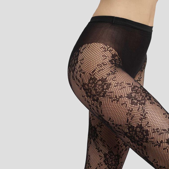 Women's Black Dim Style fishnet and flower lace sheer tights, , DIM