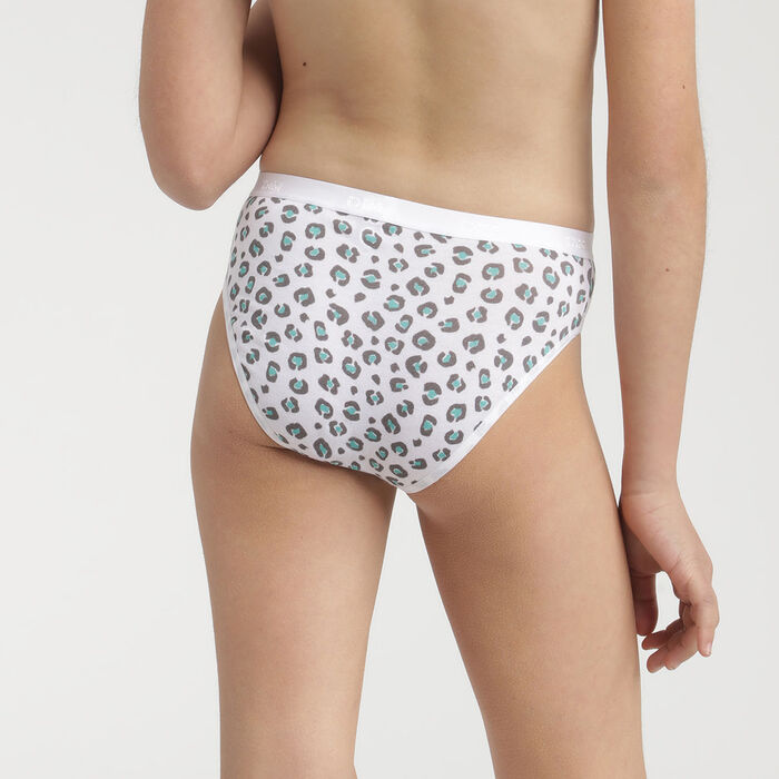 Pack of 3 girls' White Mint Les Pockets stretch cotton knickers with a leopard print, , DIM