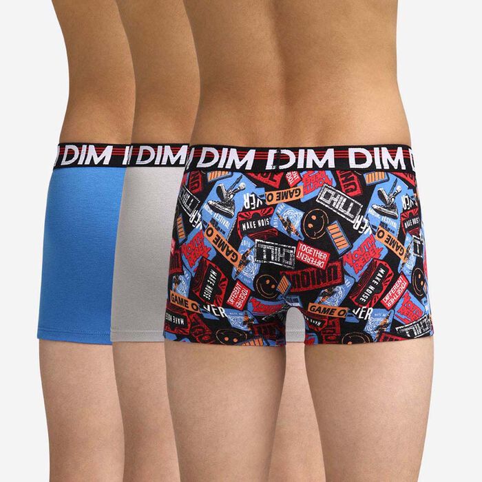Pack of 3 blue grey and printed trunks Dim Boy, , DIM