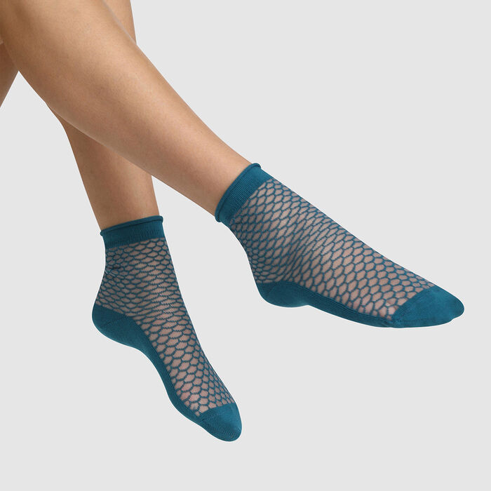 Women's cotton sock with transparent tortoiseshell motif Blue Made in France, , DIM