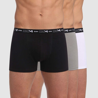 Pack of 3 pairs of black, grey and white stretch cotton trunks for men, , DIM