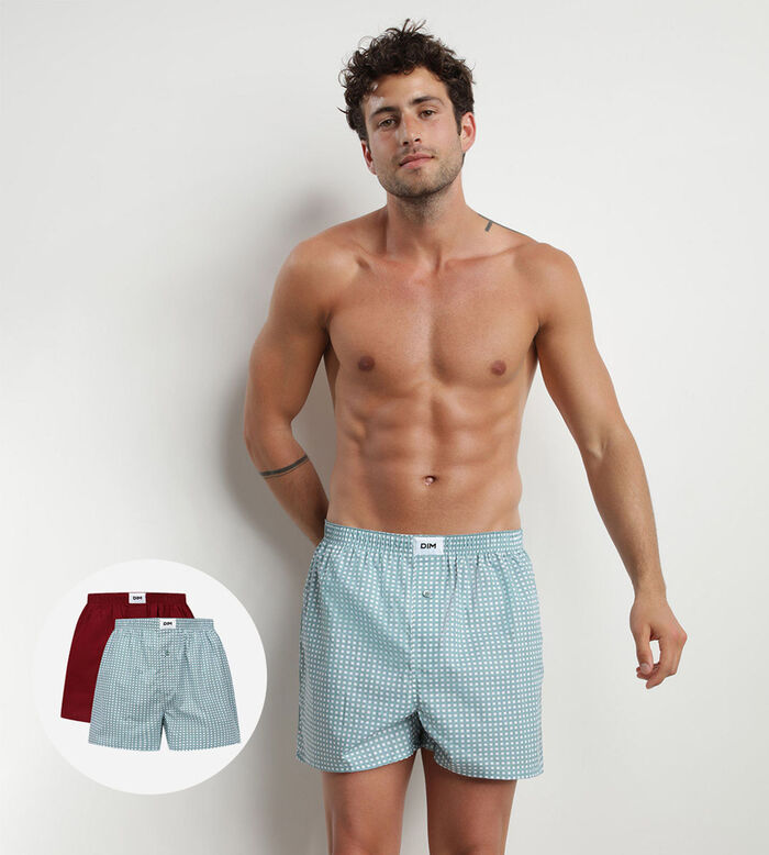 Pack of 2 men's organic cotton boxer shorts with Green Gingham pattern by Dim Green Bio, , DIM