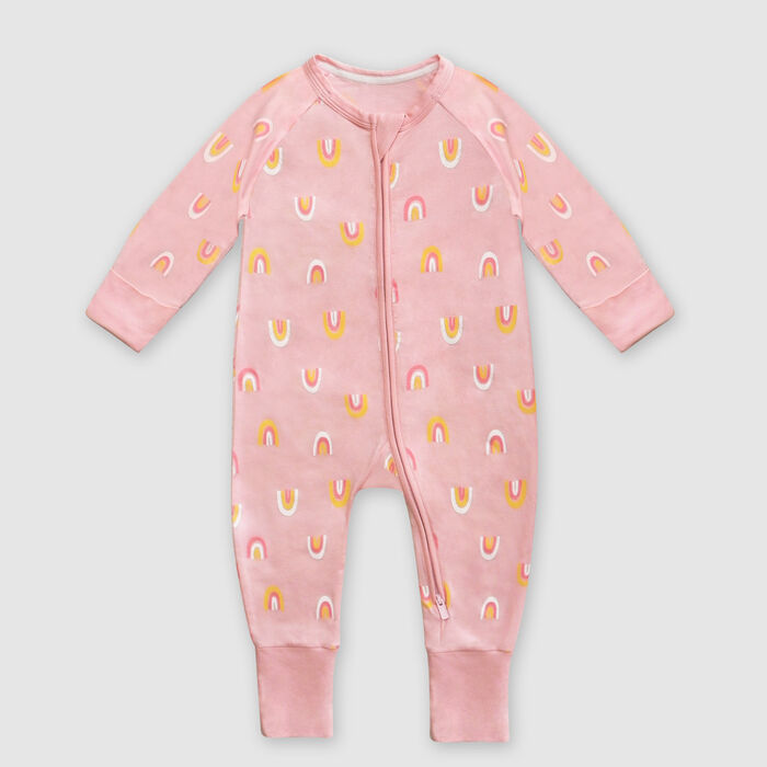 Rosaner Baby-Pyjama mit Reißverschluss und Regenbogen-Druck aus Stretch-Baumwolle, , DIM