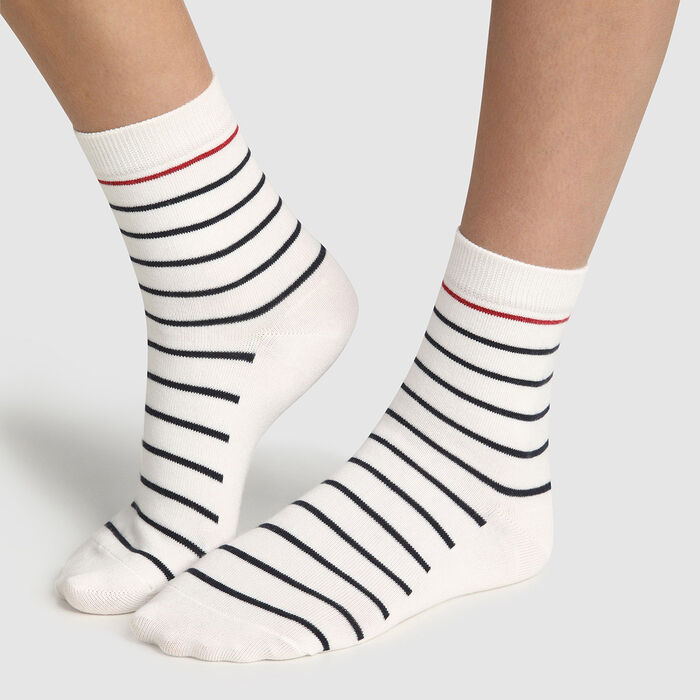Women's cotton sock with blue, white and red stripes print Made in France, , DIM