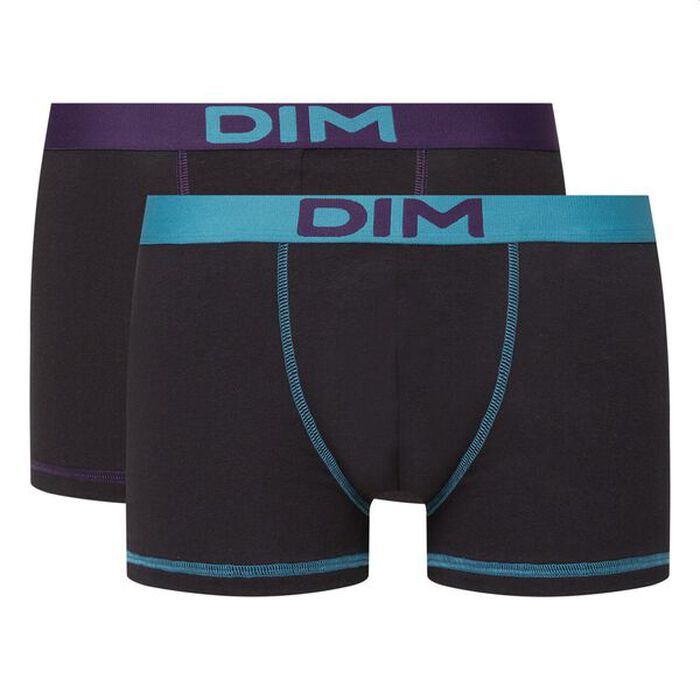 Mix and Colours pack of 2 black cotton trunks with colourful waistband in green and purple, , DIM