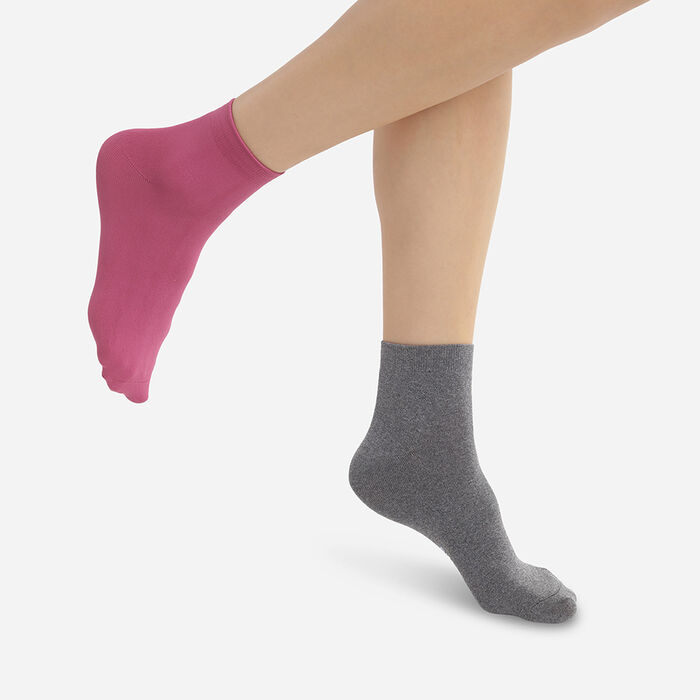 Pack of 2 pairs of Dim Skin Magenta grey microfibre women's ankle socks, , DIM