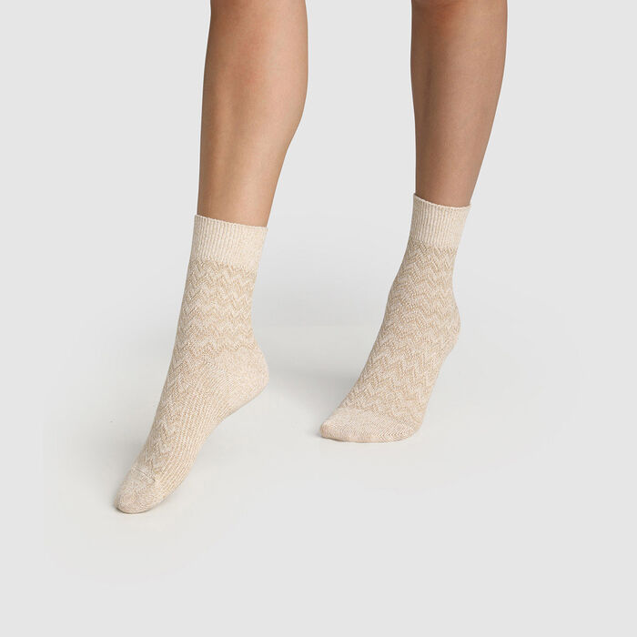 Calcetines para mujer de algodón estampado de espigas marfil beige Made in France, , DIM