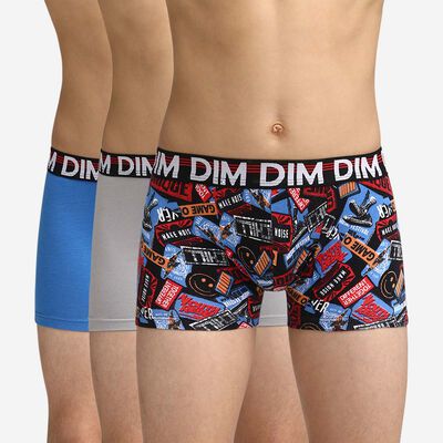 Pack of 3 blue grey and printed trunks Dim Boy, , DIM