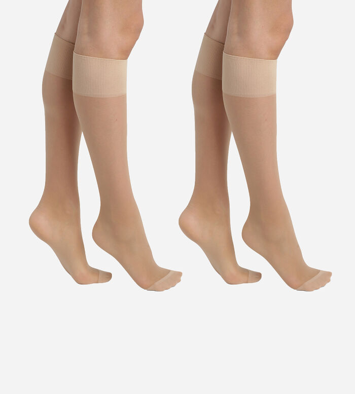Pack of 2 Beige Ultra Resist knee-high socks made of reinforced Lycra, , DIM