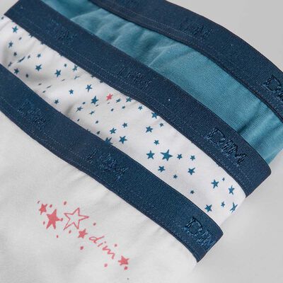 Pack of 3 girls' White Blue Les Pockets stretch cotton knickers with a star pattern, , DIM