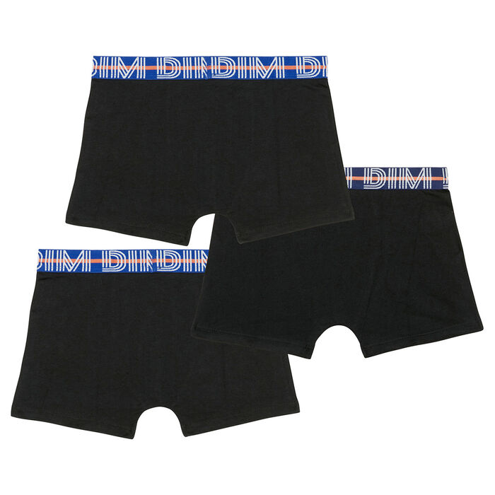 EcoDim Pack of 3 black boy's stretch cotton boxers with contrasting waistband, , DIM