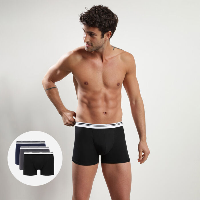 Pack of 3 men's Classic Colours stretch cotton boxers in Black, Blue and Grey, , DIM