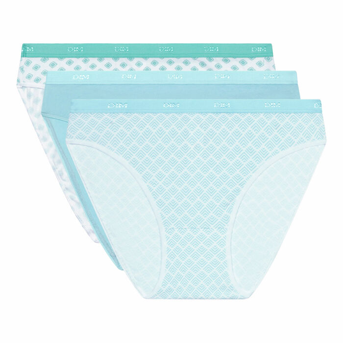 Pack of 3 Les Pockets turquoise cotton briefs with geometric patterns, , DIM
