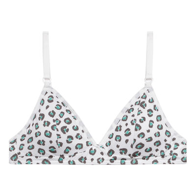 Girls' White Les Pockets non-wired bra with a leopard print, , DIM