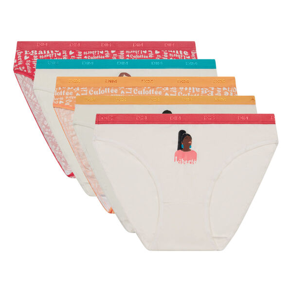 Les Pockets Pack of 5 Pink stretch cotton briefs with feminine messages