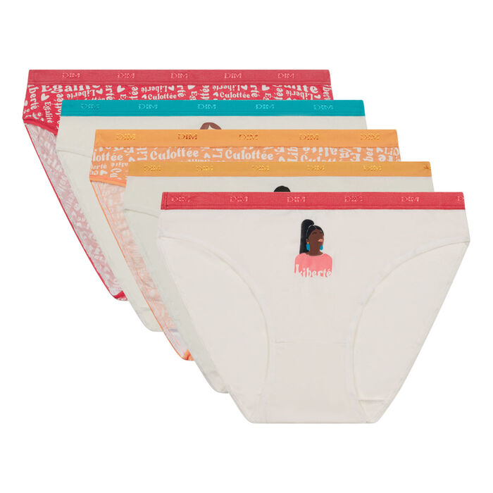 Les Pockets Pack of 5 Pink stretch cotton briefs with feminine messages, , DIM