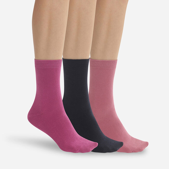 Pack of 3 pairs of women's socks Blue Pink Magenta Dim Basic Cotton, , DIM