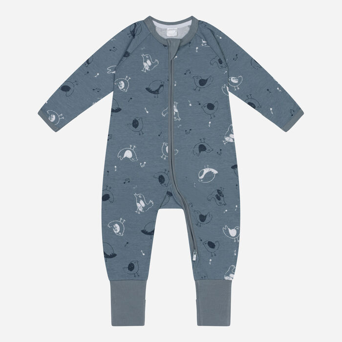 Grauer Baby-Pyjama mit Reißverschluss aus Stretch-Baumwolle mit niedlichen Vögelchen - DIM ZIPPY®., , DIM