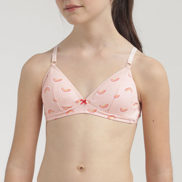 Girls' Pink Les Pockets non-wired bra with a rainbow pattern