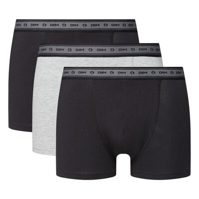 Green by Dim pack of 3 men's organic stretch cotton trunks in black and pearl grey, , DIM
