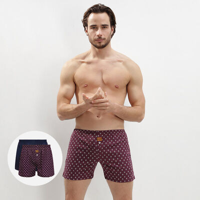 2 pack men's 100% cotton loose boxer shorts in Denim Blue and Wolf Print, , DIM