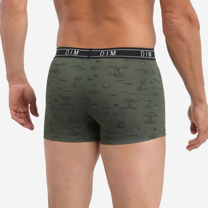 Dim Fancy Men's khaki green boxer briefs in stretch cotton with travel print, , DIM
