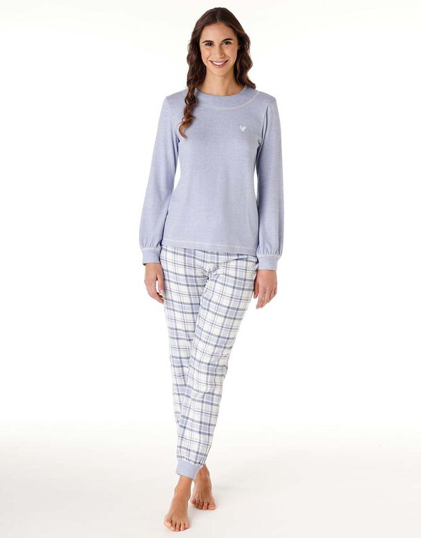 Women's long pyjamas in warm knitwear and powder blue flannel, , DIM