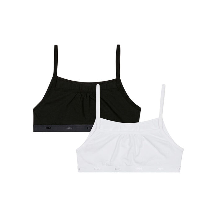 Les Pockets Ecodim Pack of 2 Black White stretch cotton girls' bralettes, , DIM
