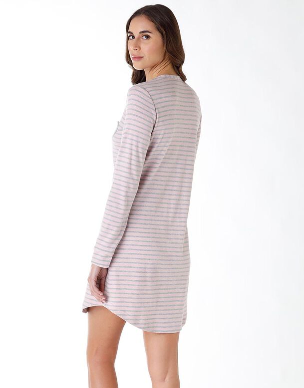 Striped pink and grey nightgown in cotton interlock, , DIM