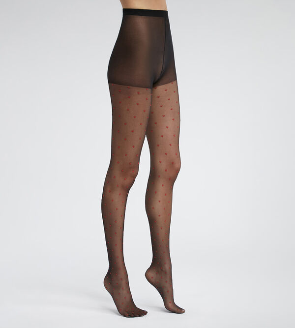 Dim Style women's tights in sheer voile with Burgundy heart prints