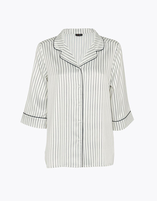 Pyjama shirt with ¾ sleeves in satin, striped black and white, , DIM