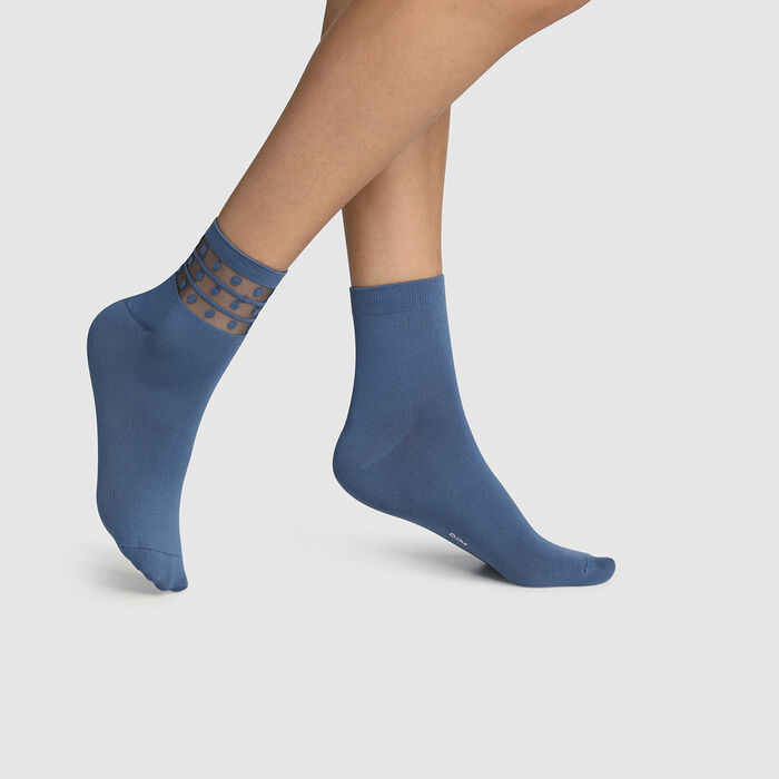 Pack de 2 pares de calcetines bajos para mujer de microfibra y tul de lunares azul Dim Skin, , DIM